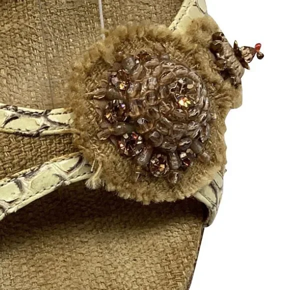 Prada Embellished Snakeskin Accent Sandal Heels in Beige Jute Linen - Picture 11 of 12